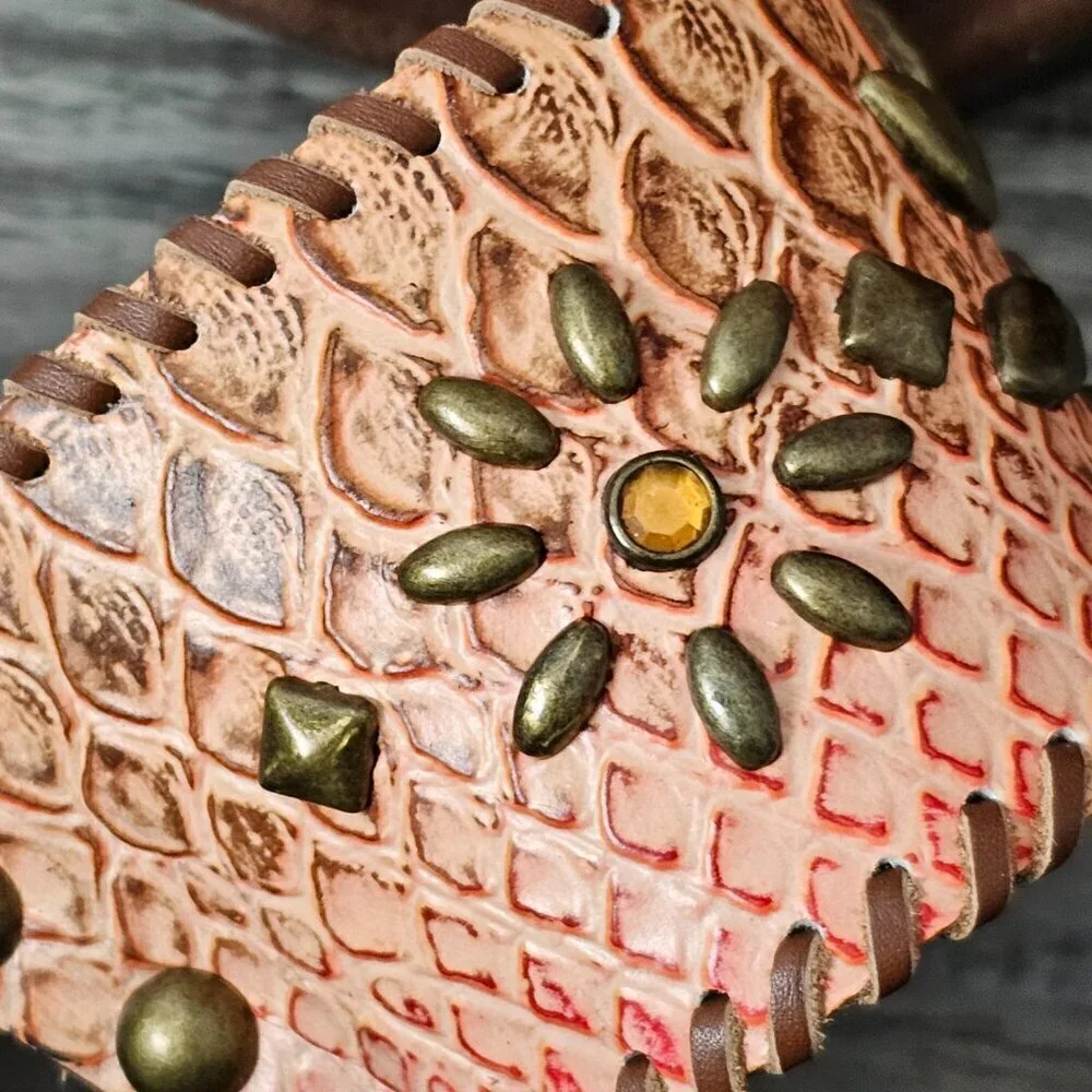 Amanda Smith Salmon Topaz Bead Adorned Leather Boho Platform Heel Sandal NEW